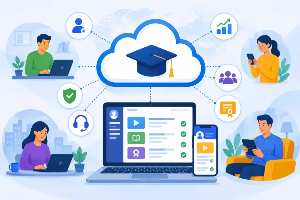 Illustration of a cloud-based LMS delivering online training across multiple devices and learners.