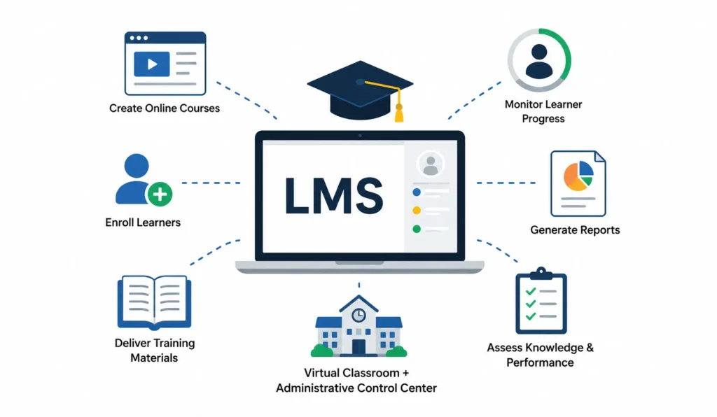 Learning Management System (LMS) dashboard illustrating course creation, learner enrollment, training delivery, progress tracking, reporting, and performance assessment.