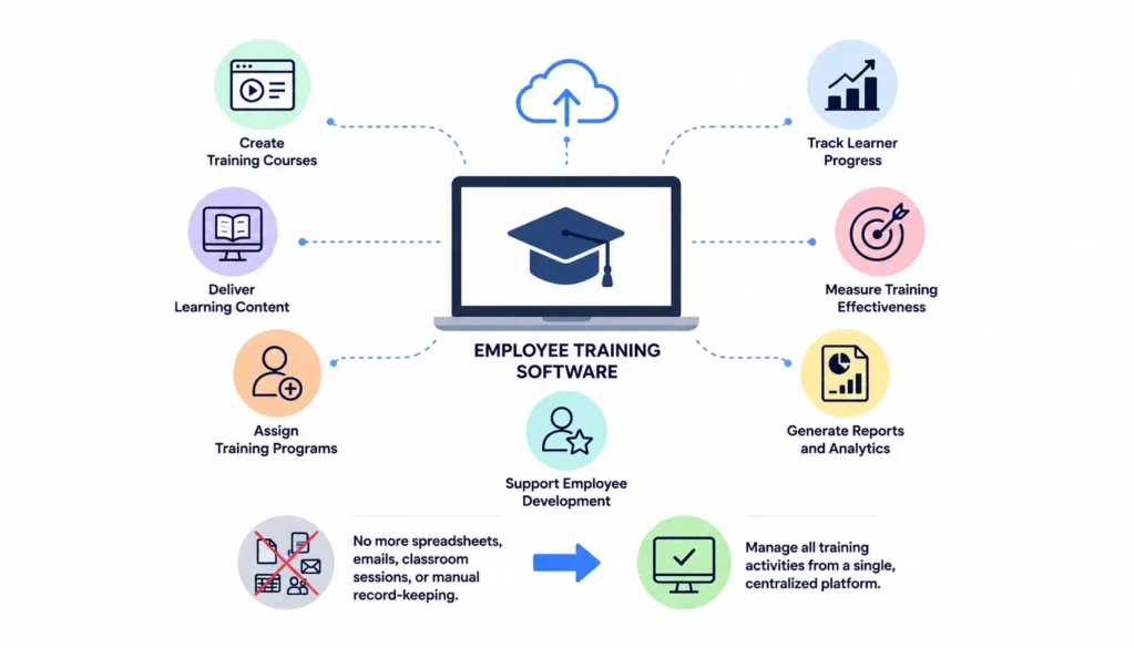 Employee training software infographic showing content creation, role-based training assignment, employee learning access, progress tracking, certifications, and performance reporting.