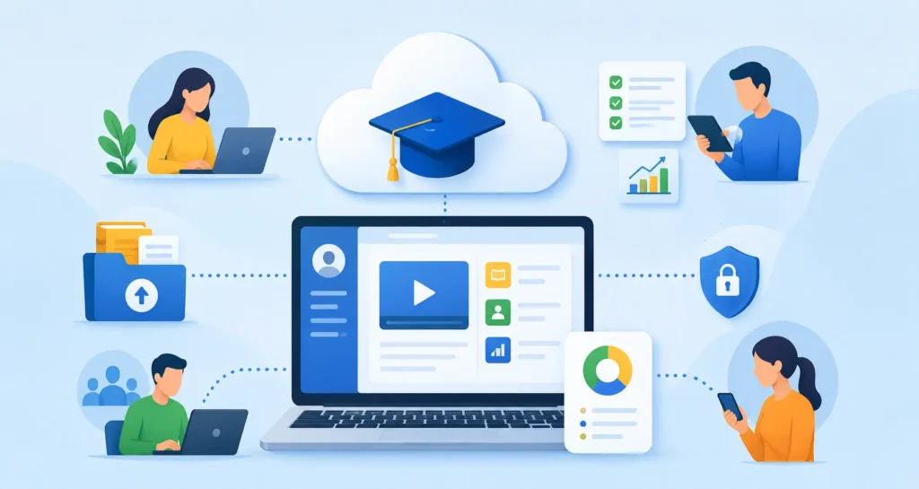 Illustration of a cloud-based LMS connecting learners, devices, training, analytics, and secure online learning.