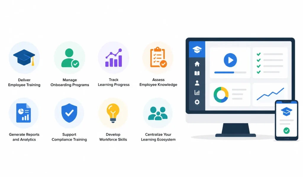 Learning Management System (LMS) dashboard with training, onboarding, progress tracking, reporting, compliance, and workforce development icons.