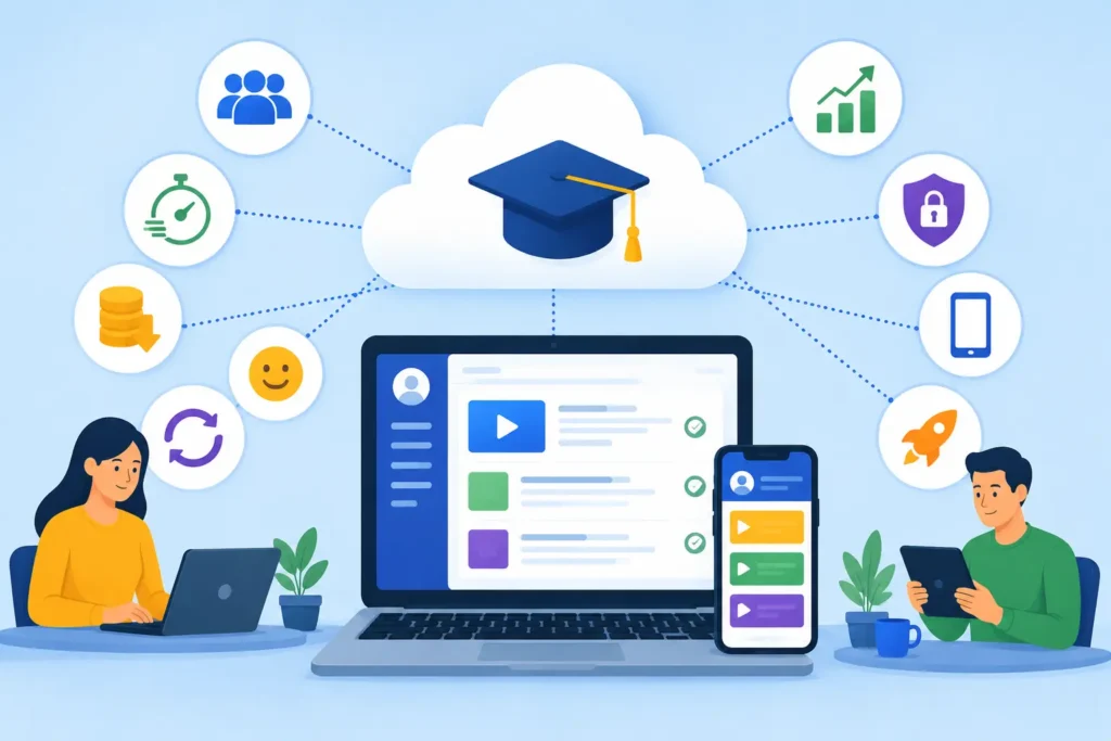 Illustration of a cloud-based LMS enabling flexible, secure, and scalable employee training across devices.