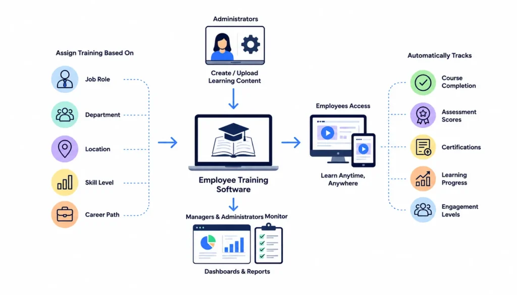 Employee training software process infographic with learning and progress tracking.