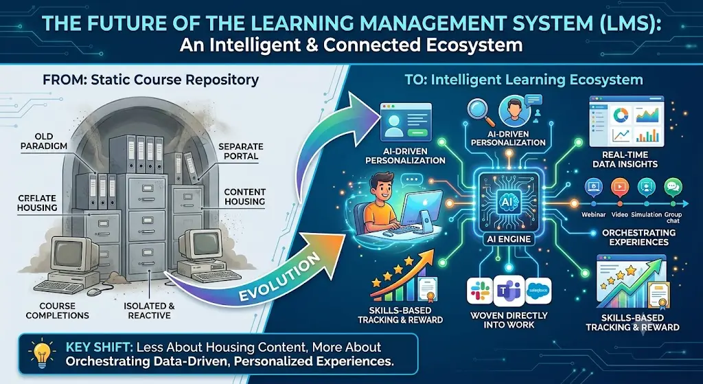 Illustration showing the evolution of learning management systems from static course repositories to AI-powered, personalized learning ecosystems with real-time insights and skills tracking.