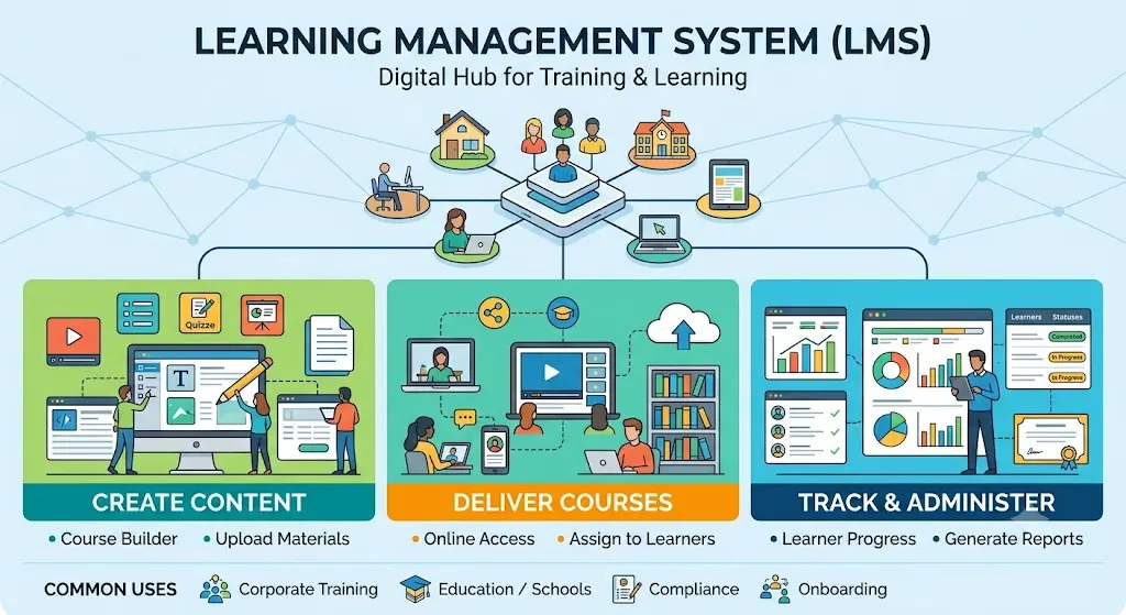 Learning Management System infographic showing content creation, course delivery, and learner tracking features.