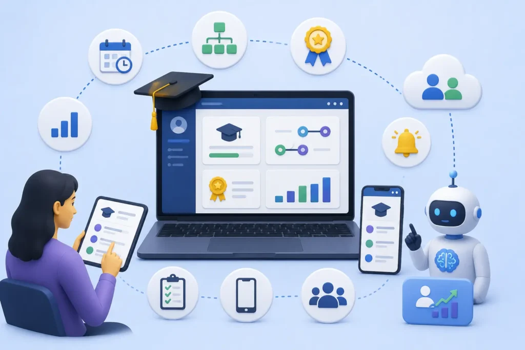 Illustration of an AI-powered LMS managing compliance training, certifications, and employee learning.