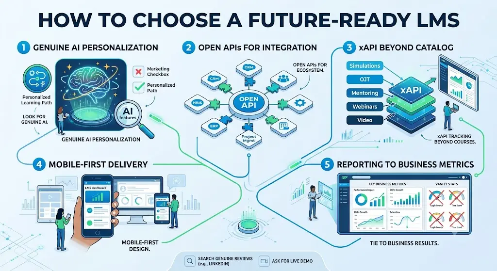 Infographic showing five key features of a future-ready LMS, including AI personalization, open APIs, xAPI tracking, mobile-first access, and business-focused reporting.
