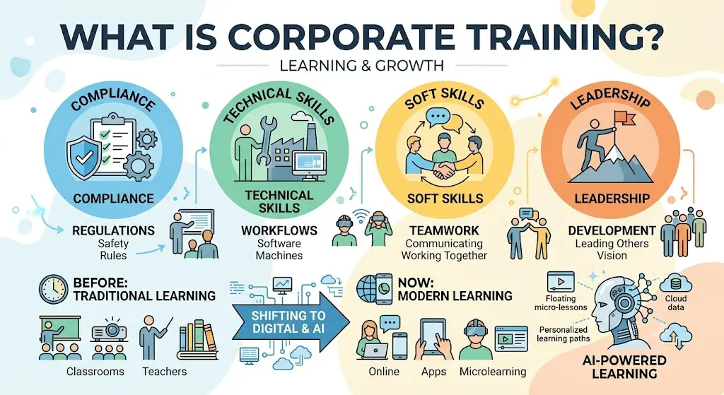 Corporate training infographic showing compliance, technical skills, soft skills, leadership, and AI-powered digital learning.