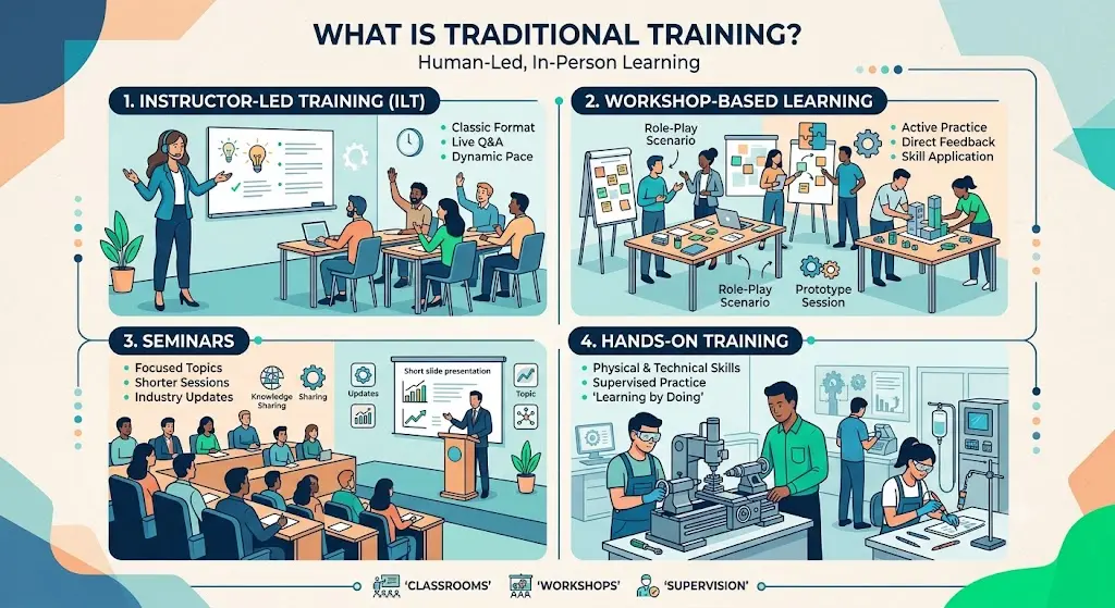 Infographic explaining traditional training methods, including instructor-led learning, workshops, seminars, and hands-on training.