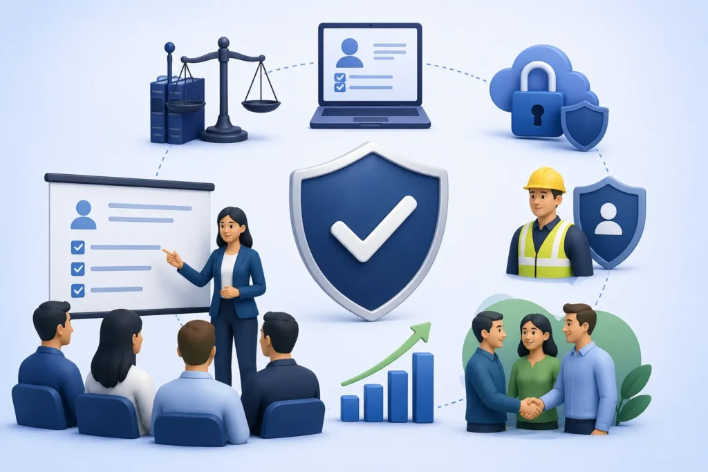 Illustration of employees completing compliance training with security, safety, and ethical workplace icons.