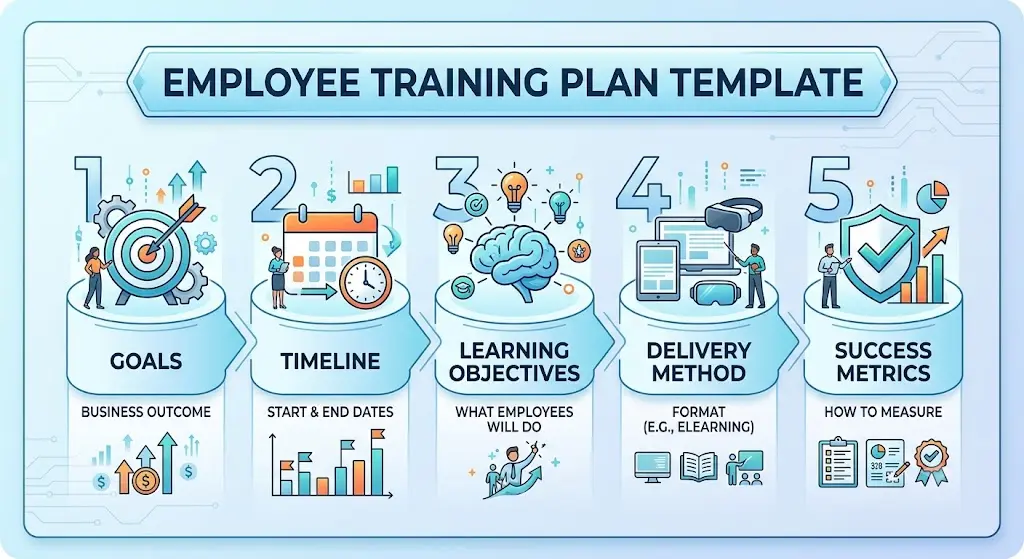 Employee training plan template infographic with five key steps