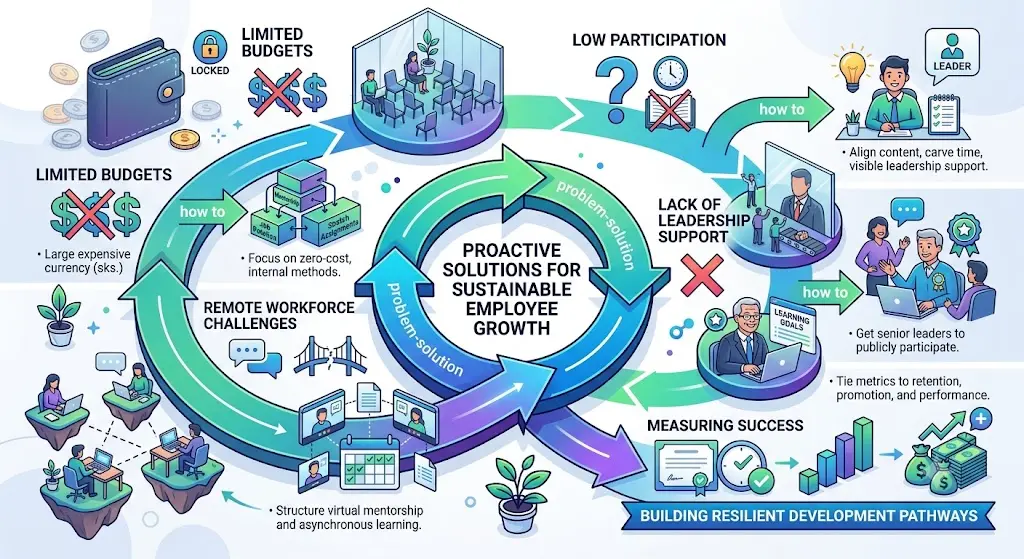 Employee development challenges and solutions infographic