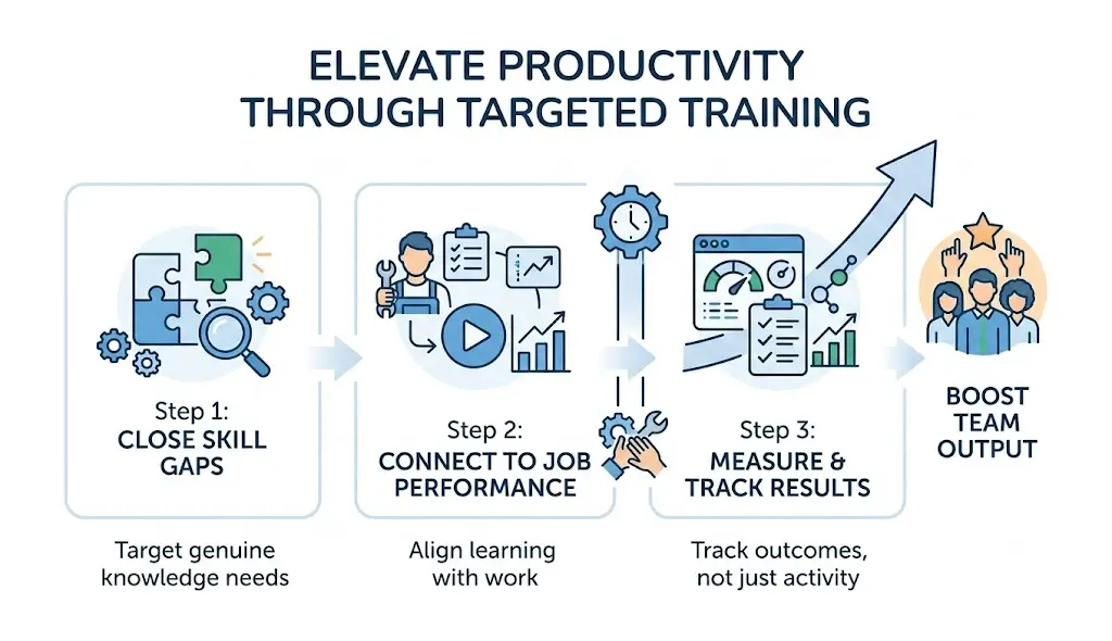 Targeted training process to close skill gaps, improve job performance, track results, and boost team productivity.