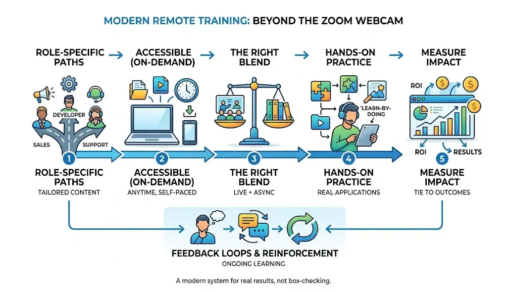 Modern remote employee training infographic showing five steps: role-specific paths, accessible on-demand learning, blended training, hands-on practice, and measuring impact, supported by feedback and reinforcement.