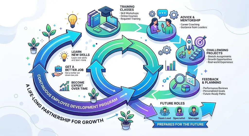 Continuous employee development program lifecycle infographic