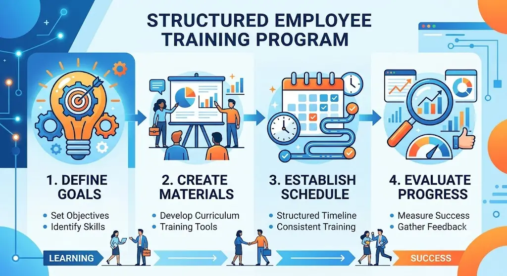 Structured employee training program workflow infographic