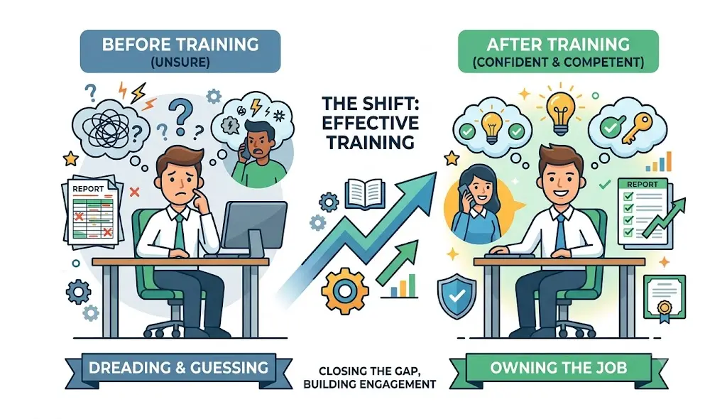 Effective training transforms employees from uncertain and guessing to confident and competent.