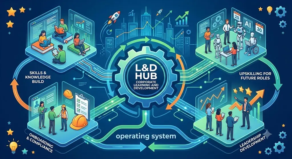 Learning and development hub connecting onboarding, training, leadership, and upskilling.
