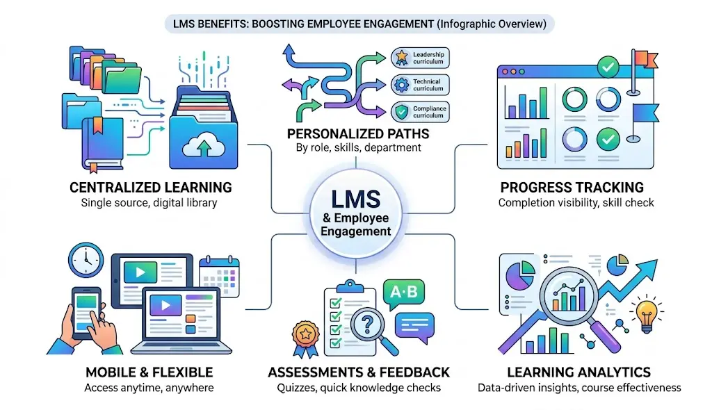 LMS benefits for employee engagement, including centralized learning, personalized paths, progress tracking, flexible access, assessments, and learning analytics.
