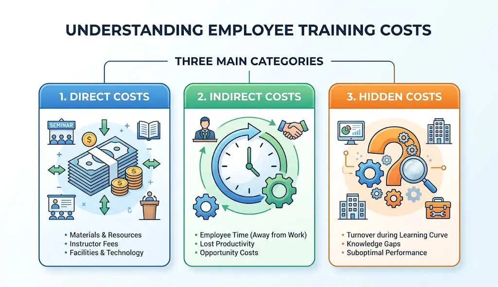 Employee training costs infographic showing direct, indirect, and hidden costs.