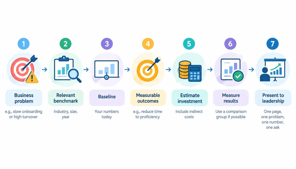 Seven-step infographic showing how to use employee training statistics in an HR business case, from identifying a business problem and selecting benchmarks to setting measurable outcomes, estimating investment, measuring results, and presenting the case to leadership.