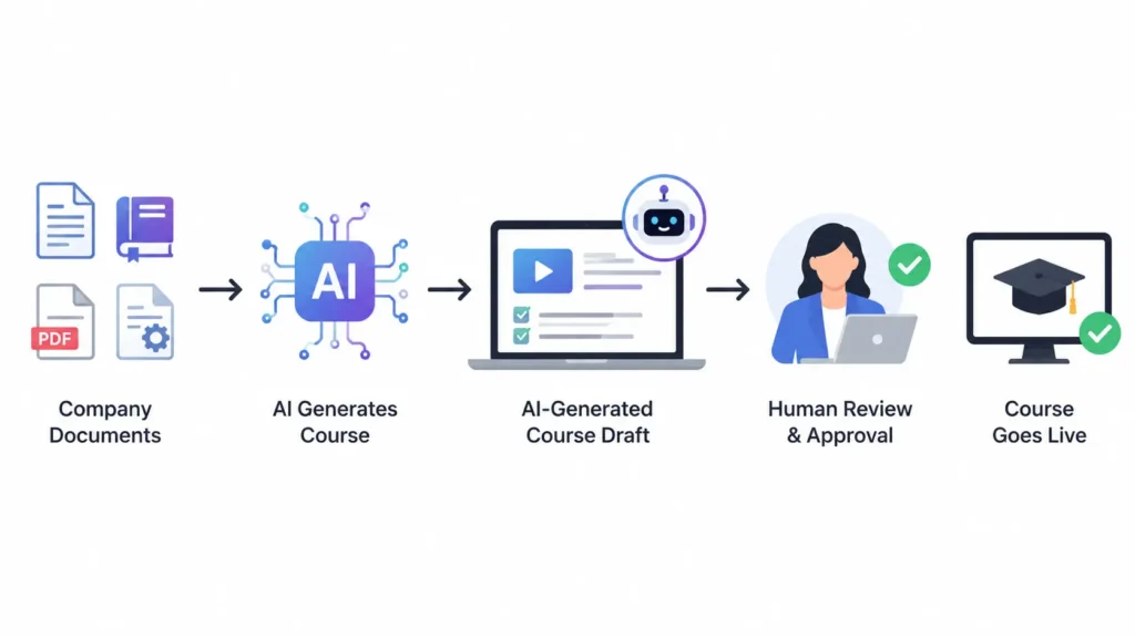 AI-generated course creation process showing company documents transformed into training content with human review and approval.