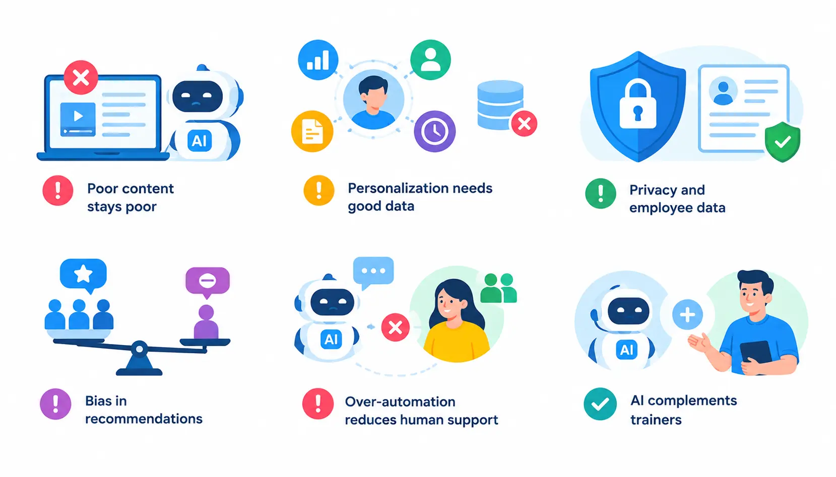 Infographic showing AI training risks, including poor content, weak data, privacy concerns, biased recommendations, over-automation, and the need for human trainer support.