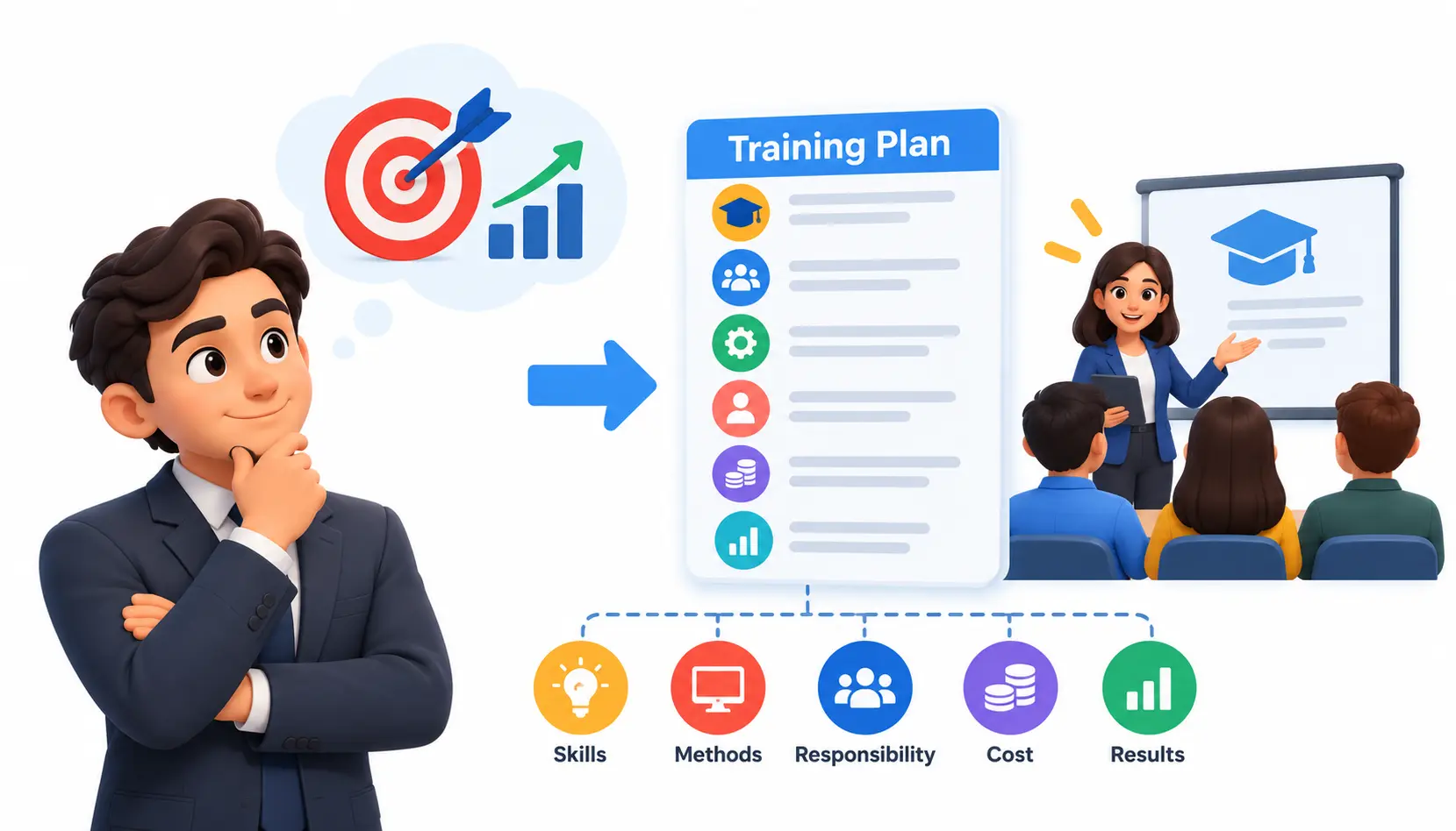 Corporate training plan infographic showing business goals, a training checklist, and an employee training session, with icons representing skills, training methods, responsibilities, costs, and results.