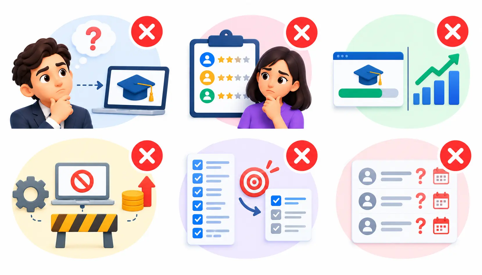 Infographic illustrating six common training needs analysis mistakes, including choosing courses without defining the problem, relying only on self-assessments, confusing course completion with performance improvement, ignoring workplace barriers, failing to prioritize skill gaps, and leaving actions without assigned owners or deadlines.
