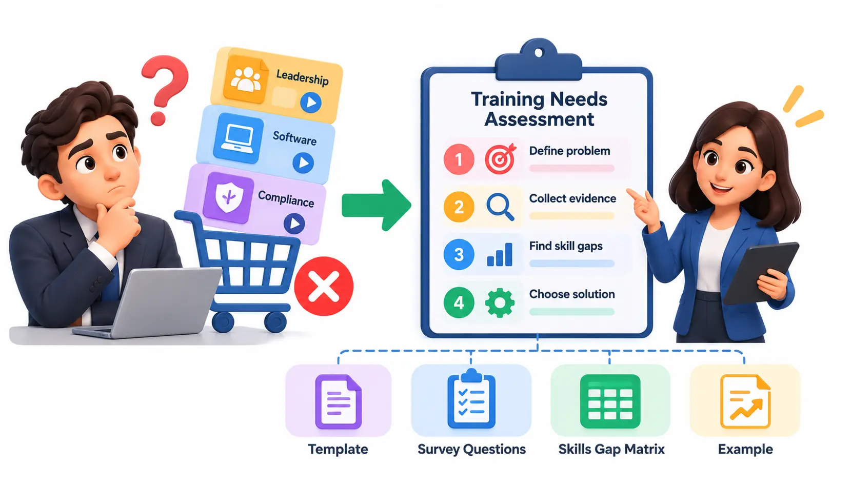 Infographic illustrating a corporate training needs assessment process, showing the shift from randomly selecting courses to identifying business problems, collecting evidence, finding skill gaps, and choosing solutions, with icons for templates, surveys, skills gap matrices, and examples.