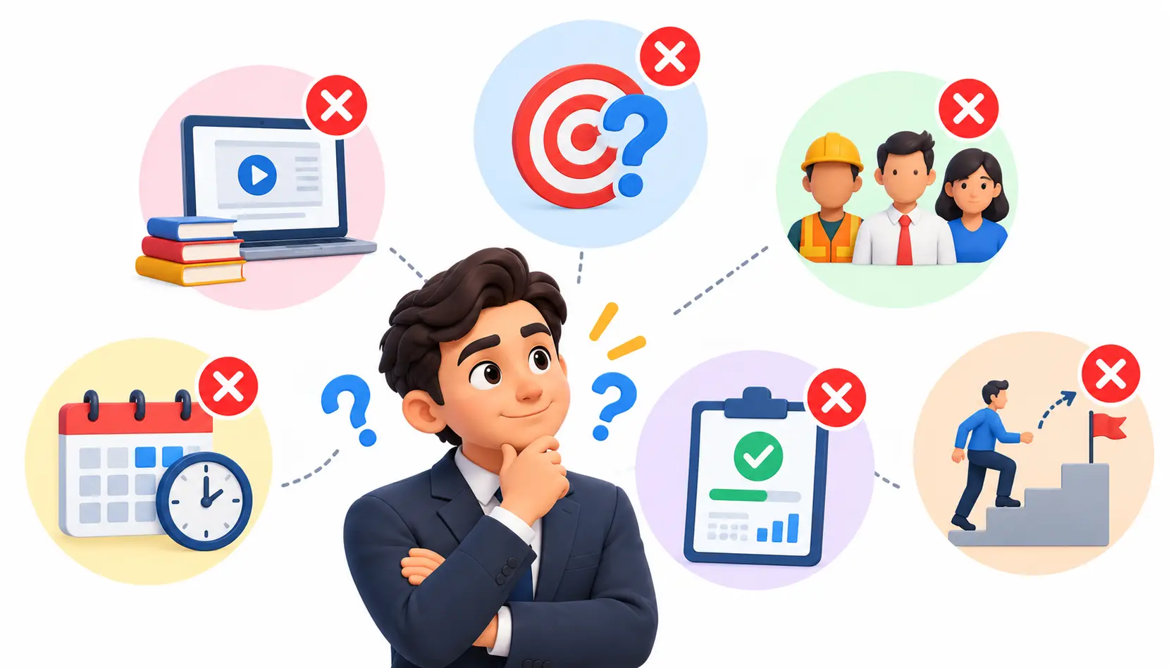 Infographic illustrating six common corporate training planning mistakes, including creating courses before identifying needs, setting unclear goals, ignoring employee needs and schedules, measuring completion instead of performance, and failing to follow up.