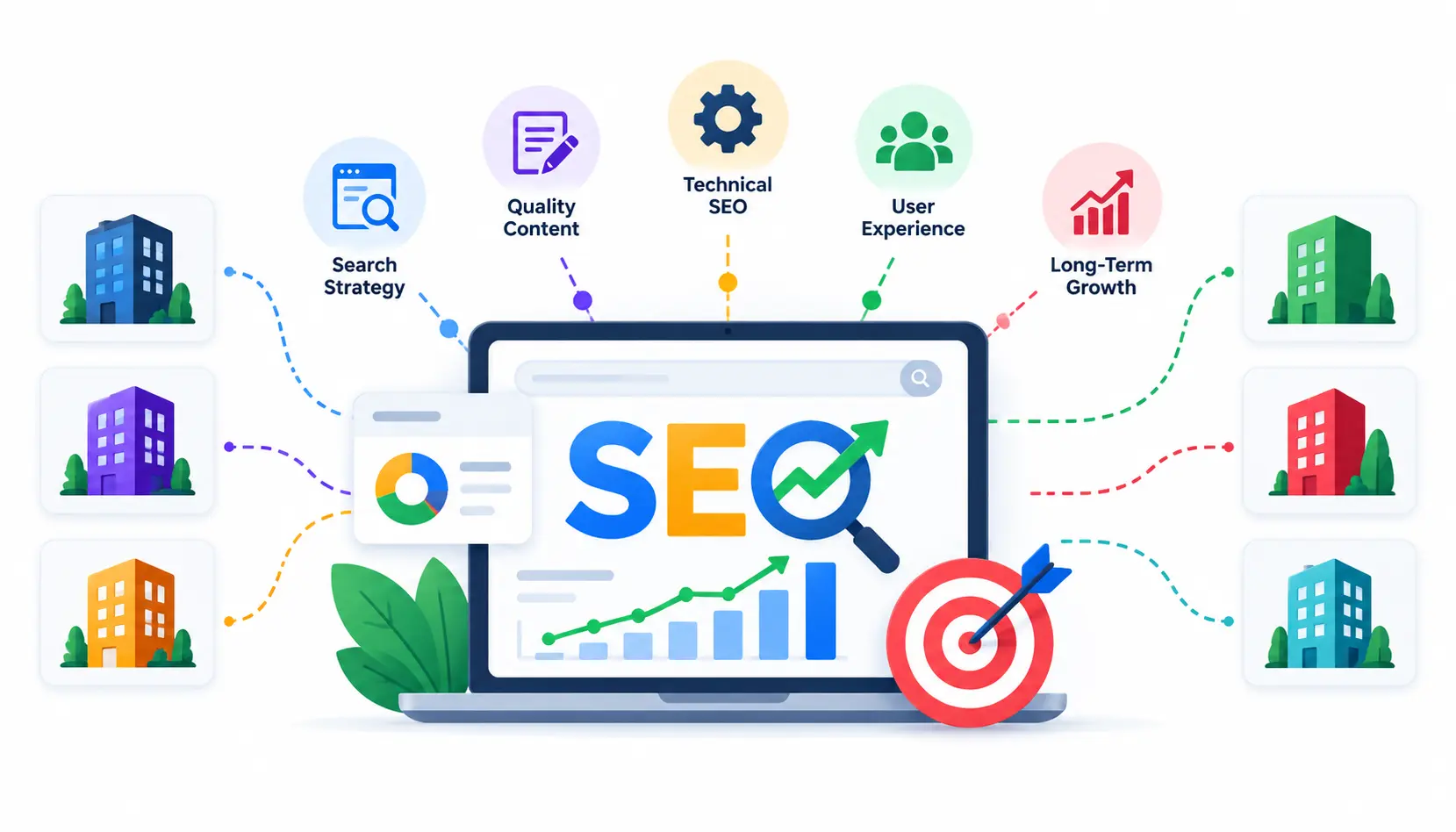 Modern SEO strategy infographic featuring a laptop with SEO analytics, search strategy, quality content, technical SEO, user experience, and long-term organic growth.