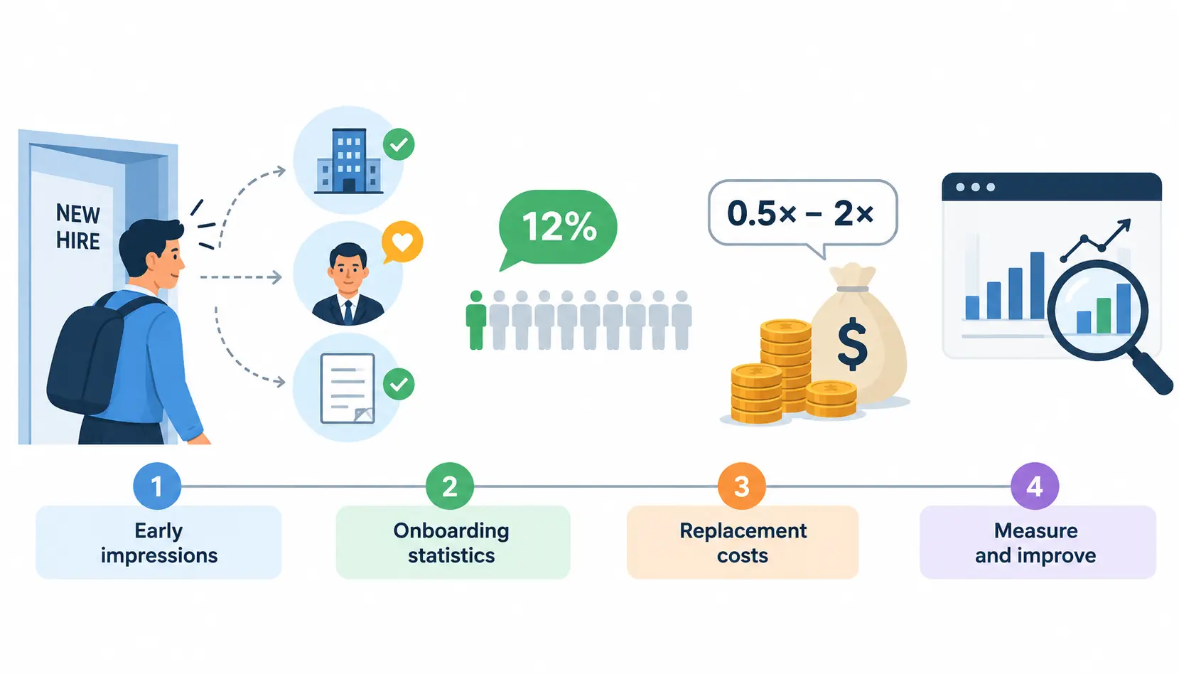 Employee onboarding statistics infographic highlighting 12% onboarding satisfaction, employee replacement costs, and the importance of measuring and improving onboarding.