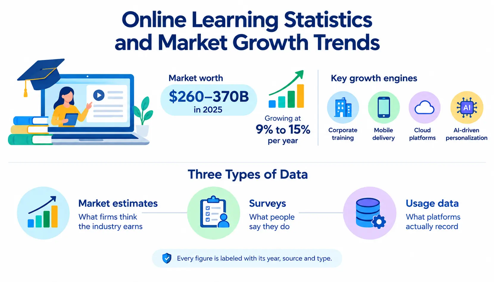 Online learning statistics infographic showing market growth, corporate training, mobile delivery, cloud platforms, AI personalization, and data types.