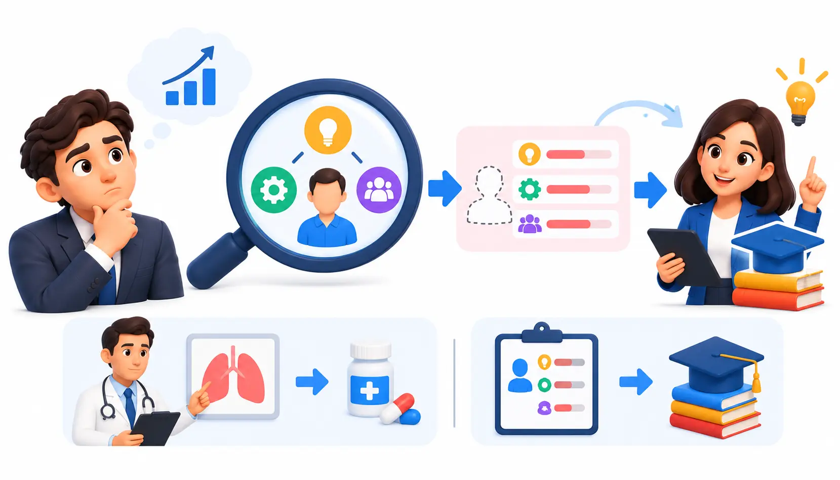 Training needs analysis infographic showing how businesses identify employee skill gaps using performance data, assessment icons, and a magnifying glass before selecting appropriate training solutions.
