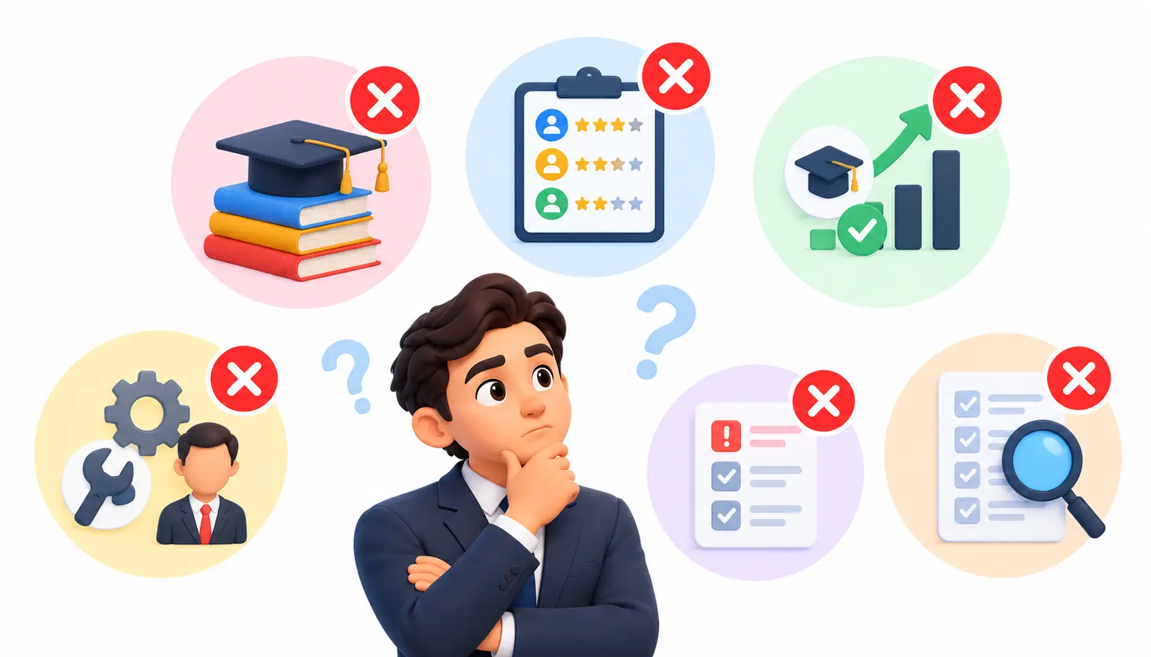 Infographic highlighting six common training needs assessment mistakes, including choosing courses before identifying problems, relying on self-assessments, confusing completion with performance, ignoring workplace barriers, failing to prioritize needs, and collecting data without an action plan.